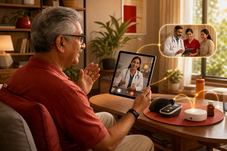 Patient using secure telemedicine and connected health devices for coordinated home care