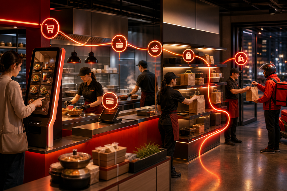 Digital ordering flow connecting customer order, preparation, pickup and delivery