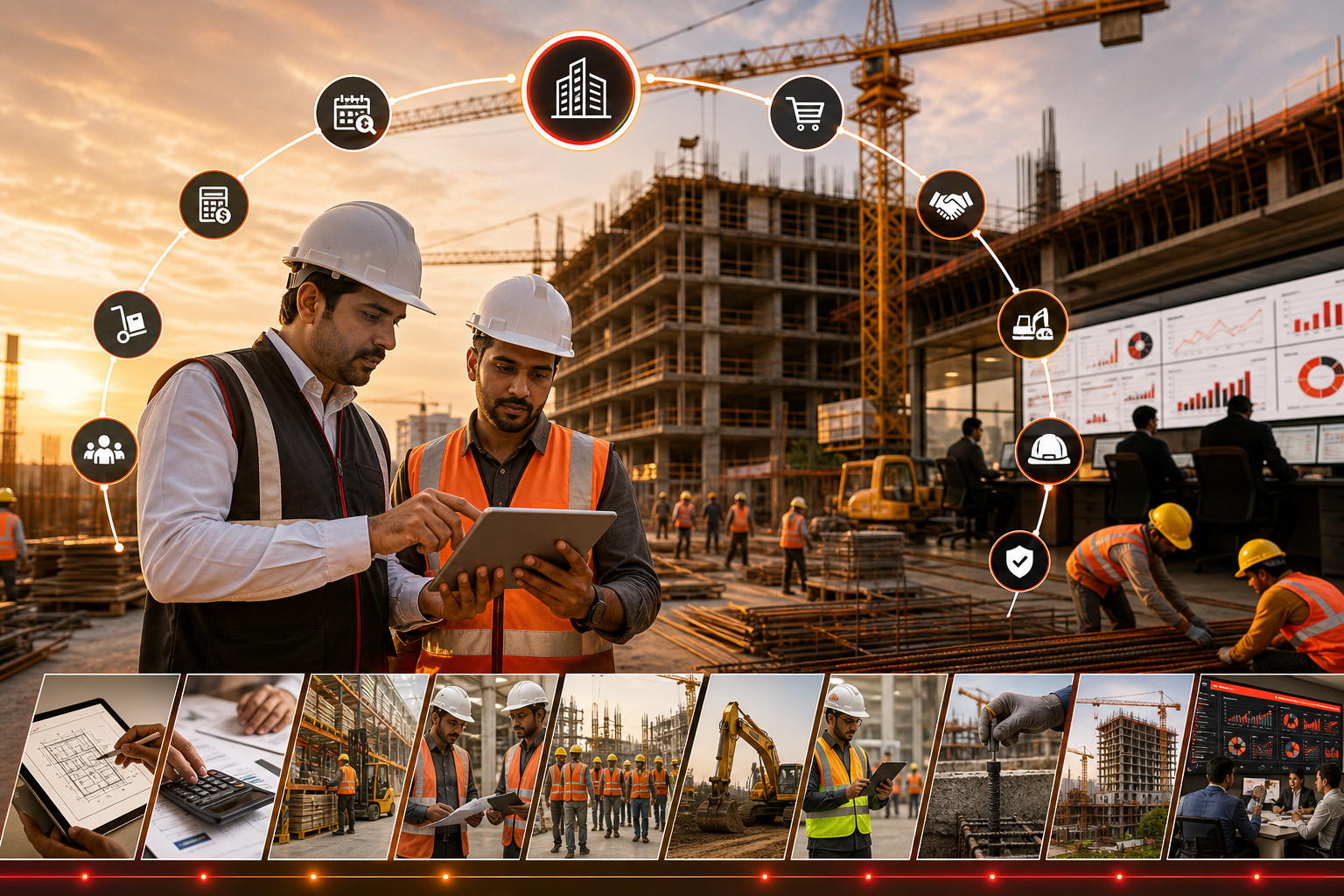 Construction project managers connecting project controls, procurement, cost, workforce, safety and site progress