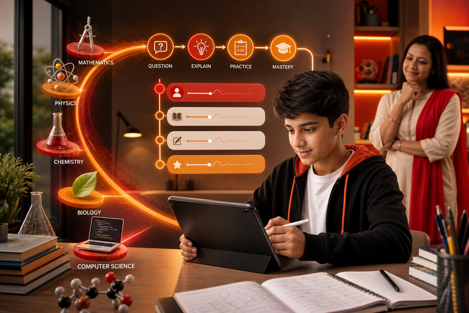 Sciborg AI tutor guiding a student from questions through explanations, practice and subject mastery